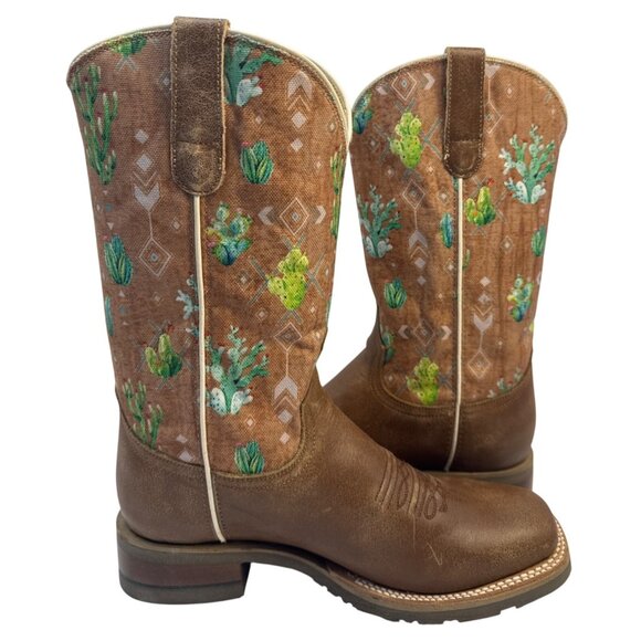 Roper Women's Vintage Brown Broad Square Toe Boots with Cactus & Aztec Size 9 - Picture 6 of 10